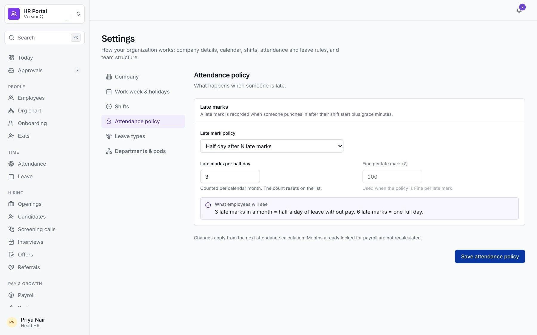 Xifdesk attendance policy settings