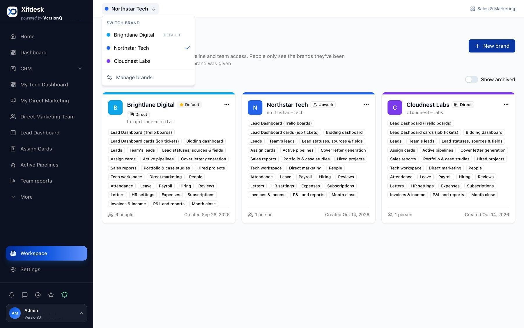 Xifdesk brand settings showing three brands with their own capabilities