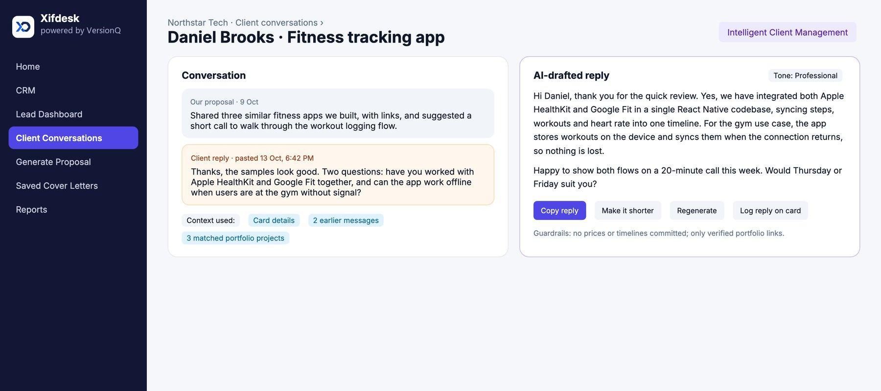 Xifdesk client conversation with an AI-drafted reply