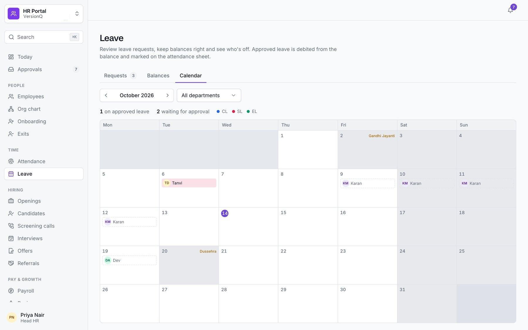 Xifdesk team leave calendar