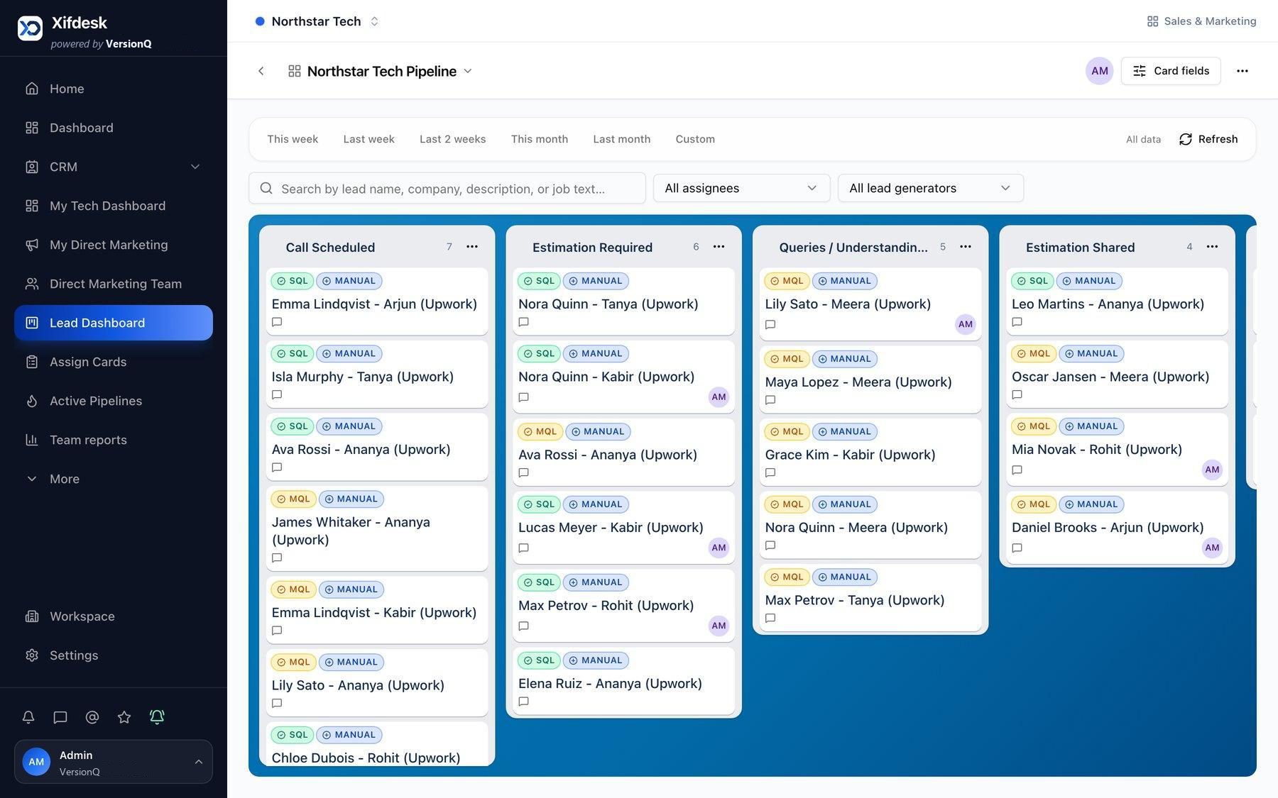 Xifdesk pipeline board with lead cards in each stage